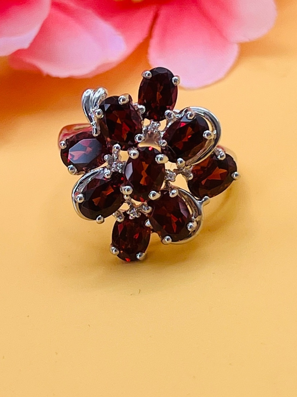 Elegant Silver Red Gemstone Flower Ring size 11